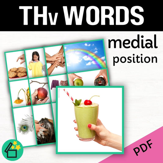 Speech therapy target word lists. Words with TH in the middle. Eliciting TH in medial position. Resources for teaching the TH sound. Eliciting speech sounds with Speech Therapist Kate Beckett. Speech therapy activities, materials, and games for Teachers by Resourceible. TH voiced.