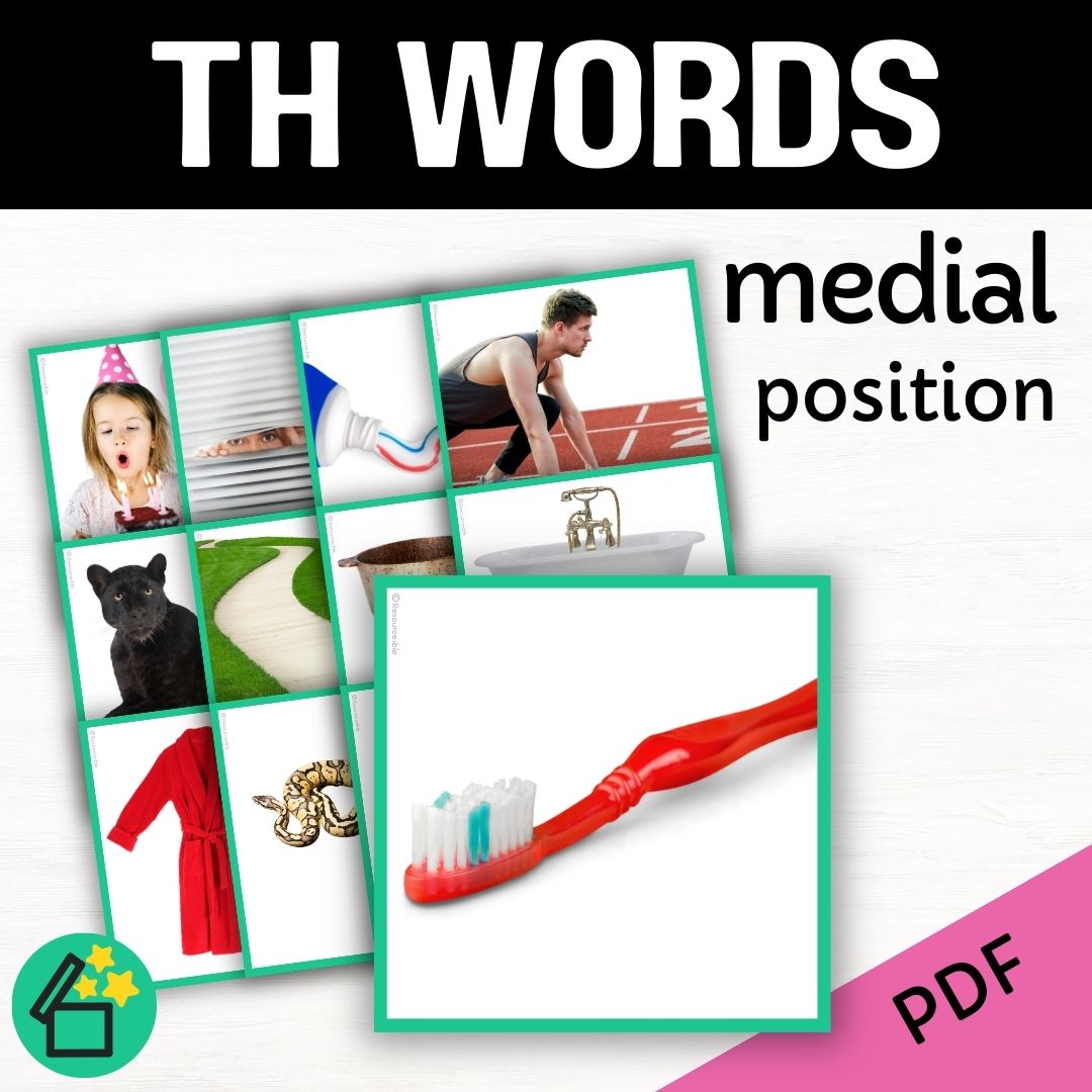 Speech therapy target word lists. Words with TH in the middle. Eliciting TH in medial position. Resources for teaching the TH sound. Eliciting speech sounds with Speech Therapist Kate Beckett. Speech therapy activities, materials, and games for Teachers by Resourceible. TH voiceless