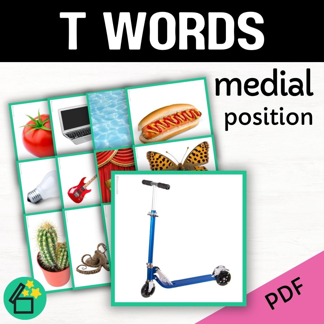 Speech therapy target word lists. Words with T in the middle. Eliciting T in medial position. Resources for teaching the T sound. Eliciting speech sounds with Speech Therapist Kate Beckett. Speech therapy activities, materials, and games for Teachers by Resourceible.