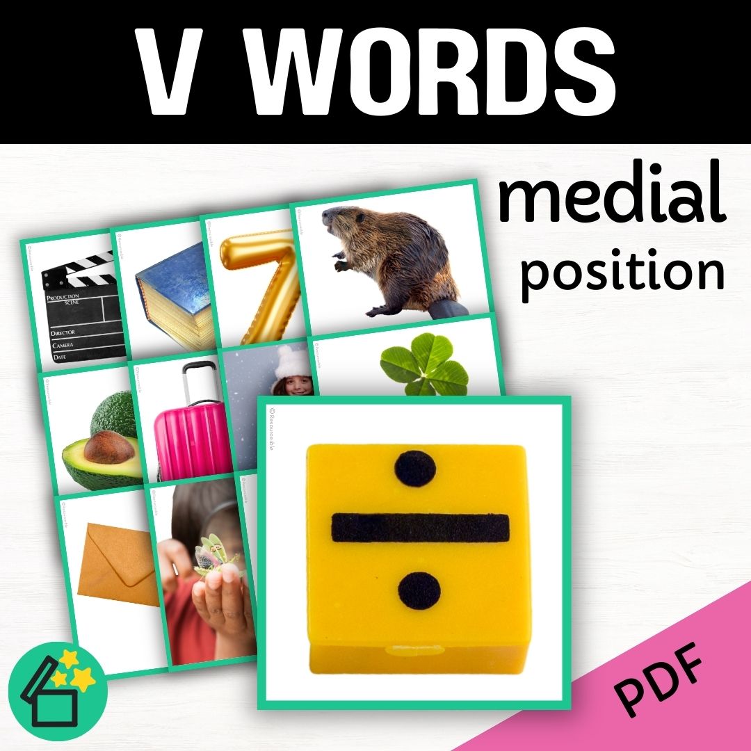 Speech therapy target word lists. Words with V in the middle. Eliciting V in medial position. Resources for teaching the V sound. Eliciting speech sounds with Speech Therapist Kate Beckett. Speech therapy activities, materials, and games for Teachers by Resourceible.