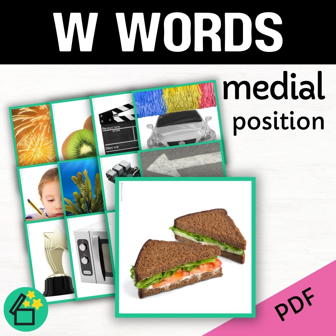 Speech therapy target word lists. Words with W in the middle. Eliciting W in medial position. Resources for teaching the W sound. Eliciting speech sounds with Speech Therapist Kate Beckett. Speech therapy activities, materials, and games for Teachers by Resourceible.