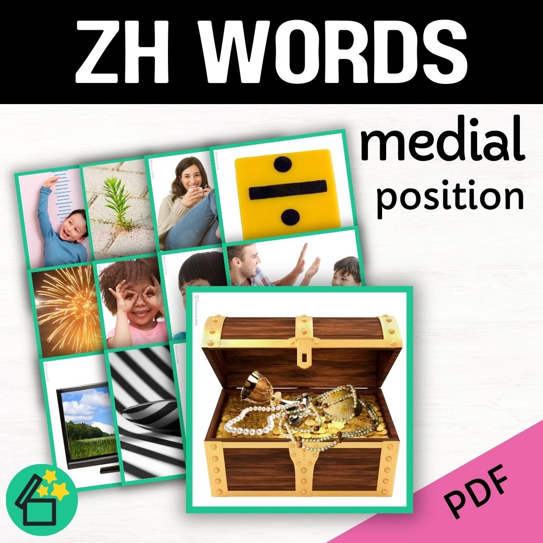 Speech therapy target word lists. Words with ZH in the middle. Eliciting ZH in medial position. Resources for teaching the ZH sound. Eliciting speech sounds with Speech Therapist Kate Beckett. Speech therapy activities, materials, and games for Teachers by Resourceible.