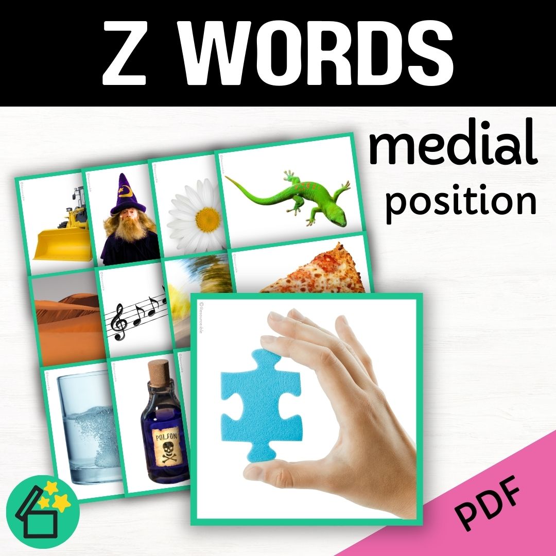 Speech therapy target word lists. Words with Z in the middle. Eliciting Z in medial position. Resources for teaching the Z sound. Eliciting speech sounds with Speech Therapist Kate Beckett. Speech therapy activities, materials, and games for Teachers by Resourceible.