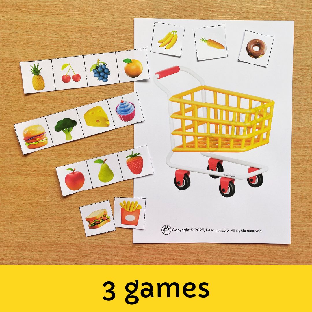 Fun shopping memory game for speech therapy to help children with their memory skills.