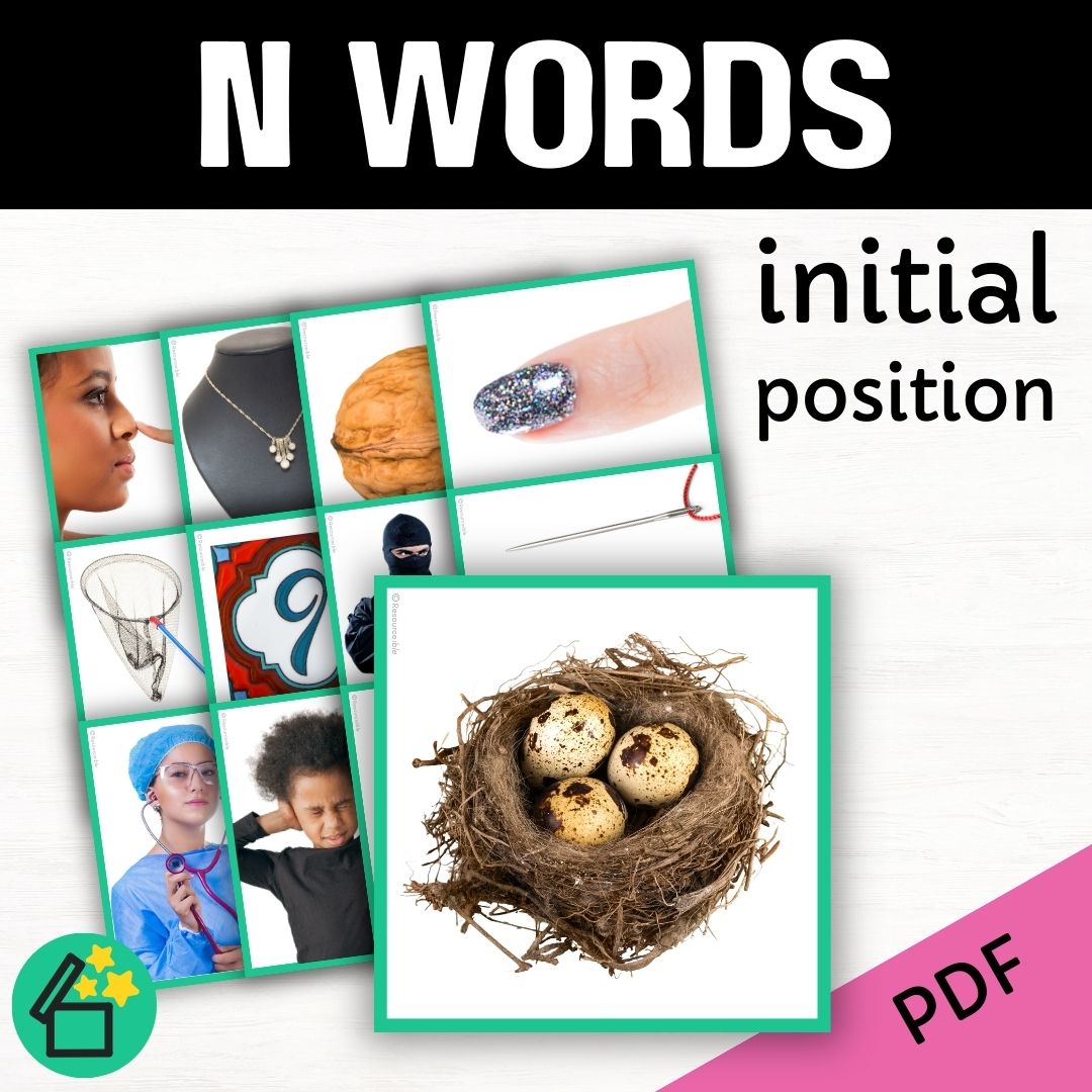 Eliciting sounds in speech therapy. Flash cards with N at the beginning. Initial N speech sound. N phonic for teachers. Ultimate speech sounds book. DARA by Resourceible, Kate Beckett.