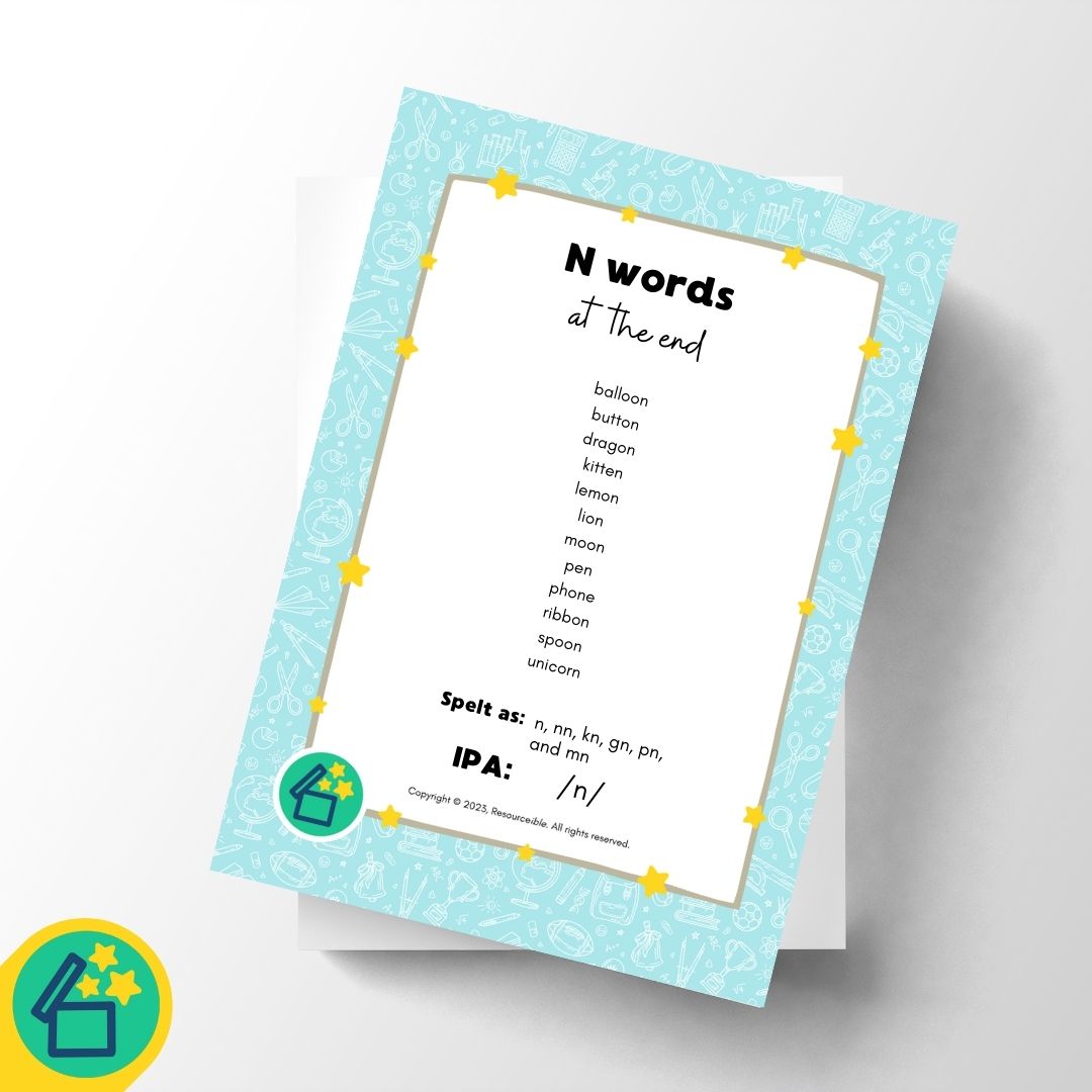 N Words | Words ending with N | Speech Therapy Resources | pdf