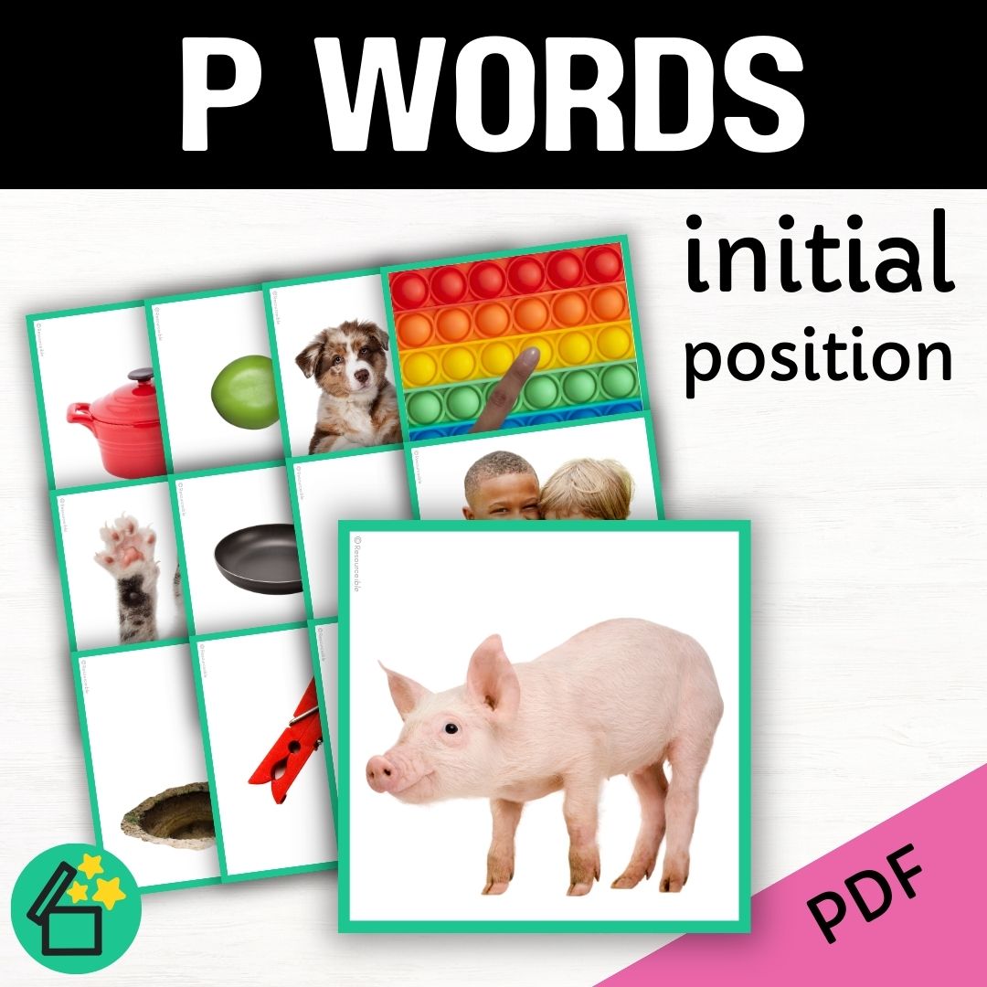 Eliciting sounds in speech therapy. Flash cards with P at the beginning. Initial P speech sound. P phonic for teachers. Ultimate speech sounds book. DARA by Resourceible, Kate Beckett.