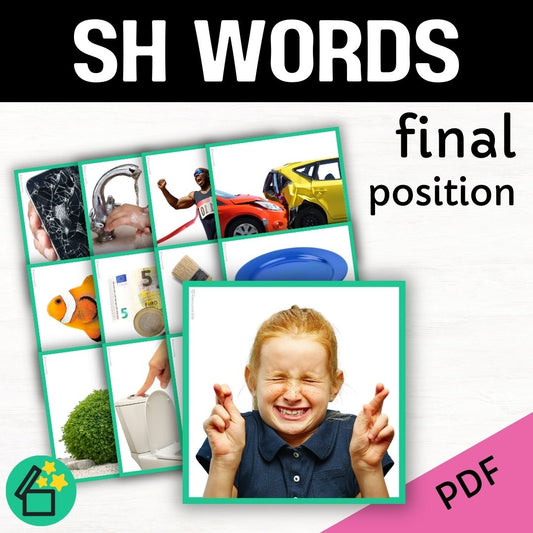 SH word list for speech therapy and teachers by Resourceible. Eliciting the SH sound at the end of words.