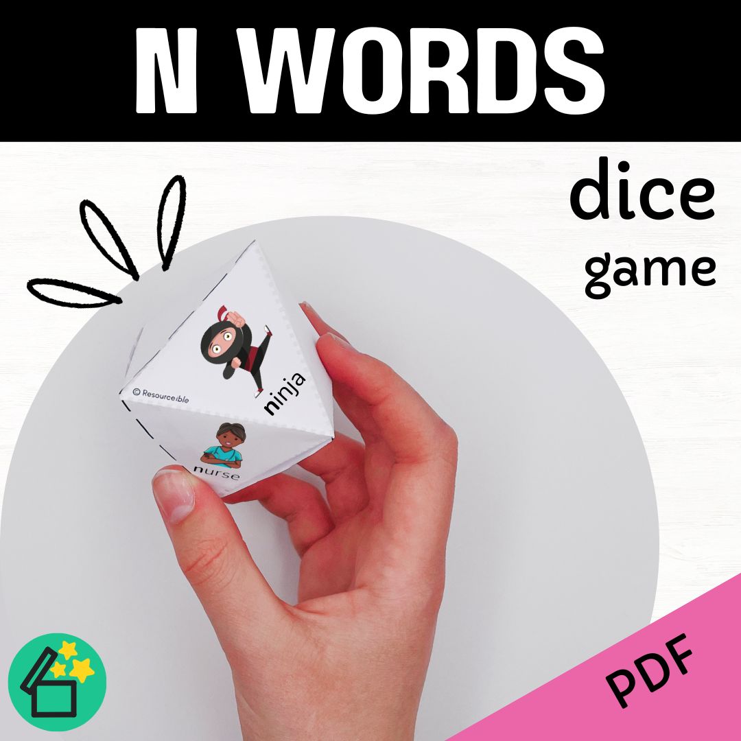 N sound speech therapy game. Classroom game for N words. N phonic activity for kids by Resourceible.