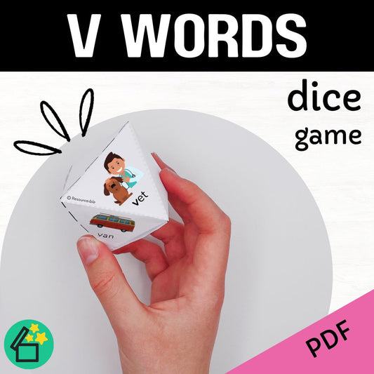 V sound speech therapy game. Classroom game for V words. V phonic activity for kids by Resourceible.