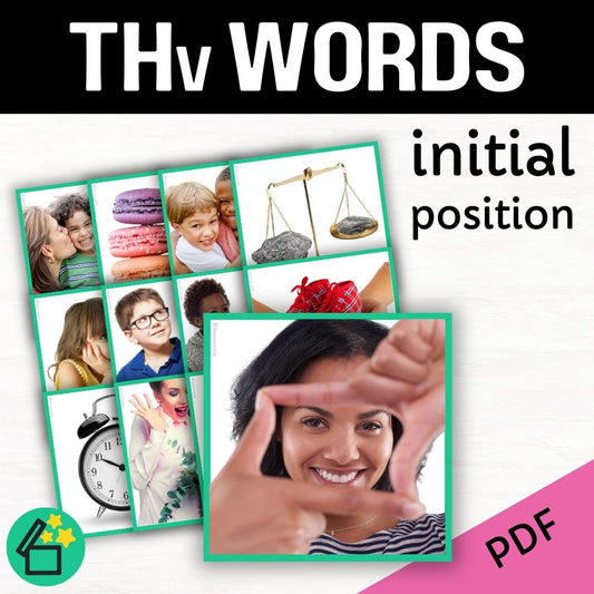 Eliciting sounds in speech therapy. Flash cards with TH at the beginning. Initial TH speech sound. TH phonic for teachers. Ultimate speech sounds book. DARA by Resourceible, Kate Beckett. TH voiced.