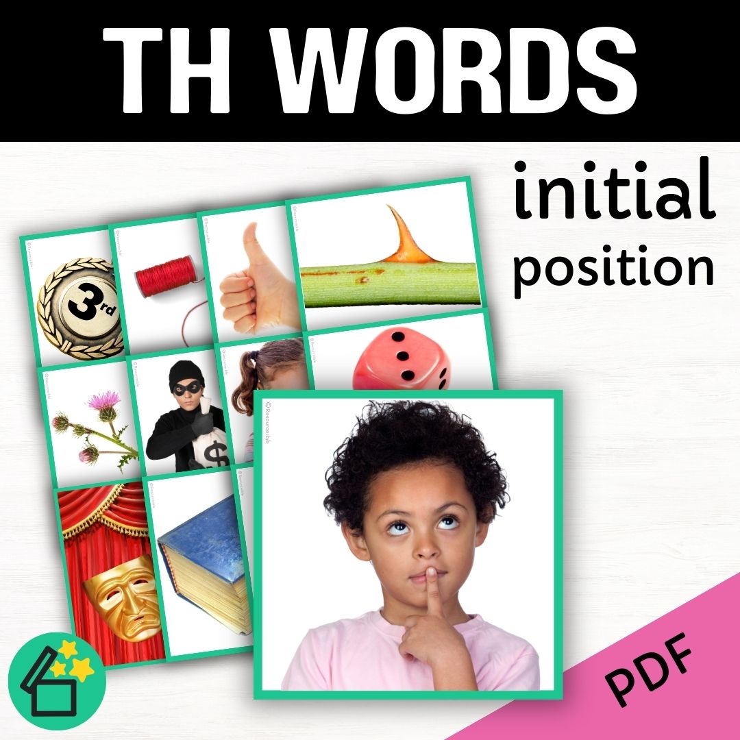 Eliciting sounds in speech therapy. Flash cards with TH at the beginning. Initial TH speech sound. TH phonic for teachers. Ultimate speech sounds book. DARA by Resourceible, Kate Beckett. TH voiceless.