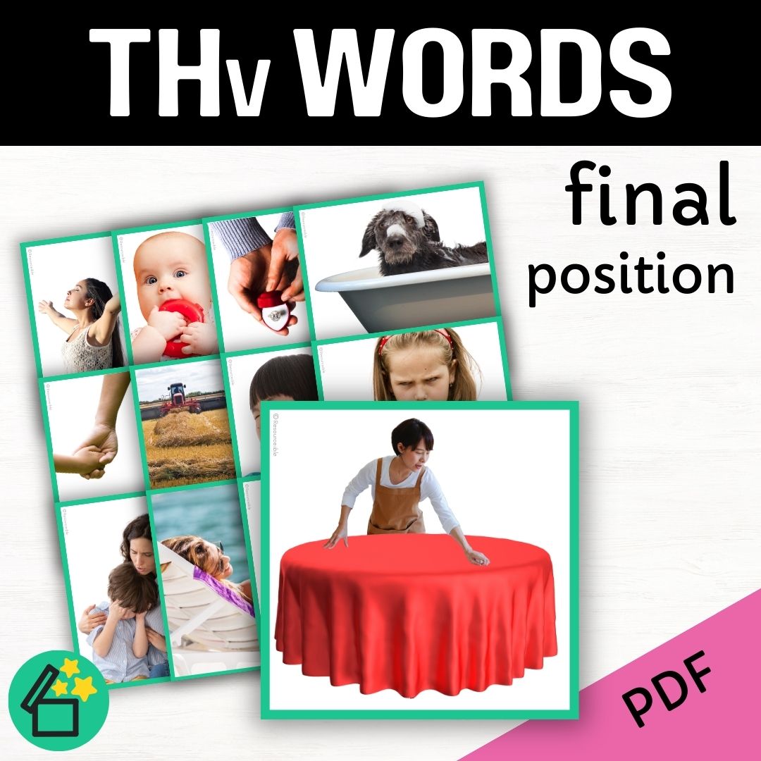 TH word list for speech therapy and teachers by Resourceible. Eliciting the TH sound at the end of words. Voiced TH speech sound.