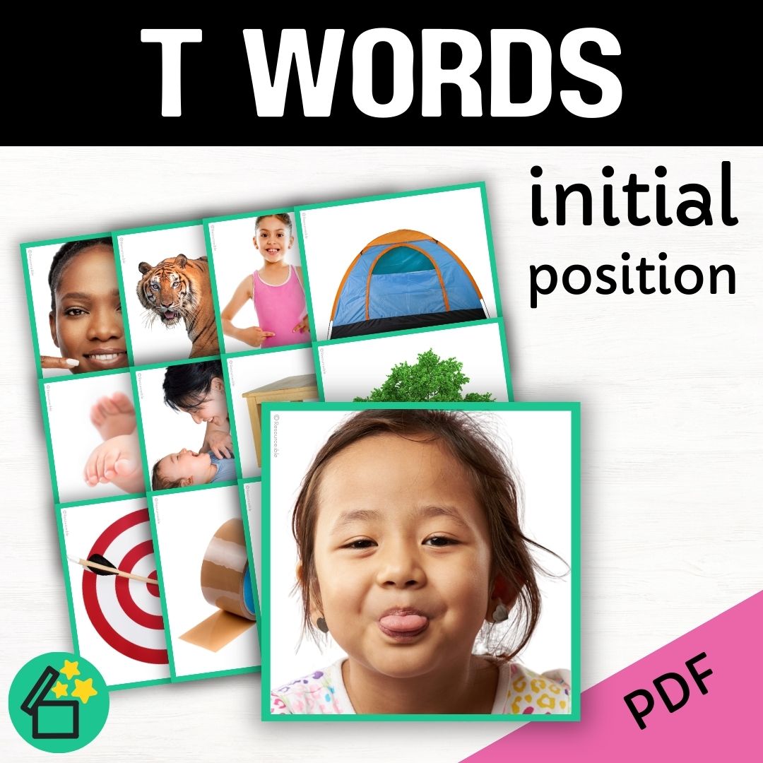 Eliciting sounds in speech therapy. Flash cards with T at the beginning. Initial T speech sound. T phonic for teachers. Ultimate speech sounds book. DARA by Resourceible, Kate Beckett.
