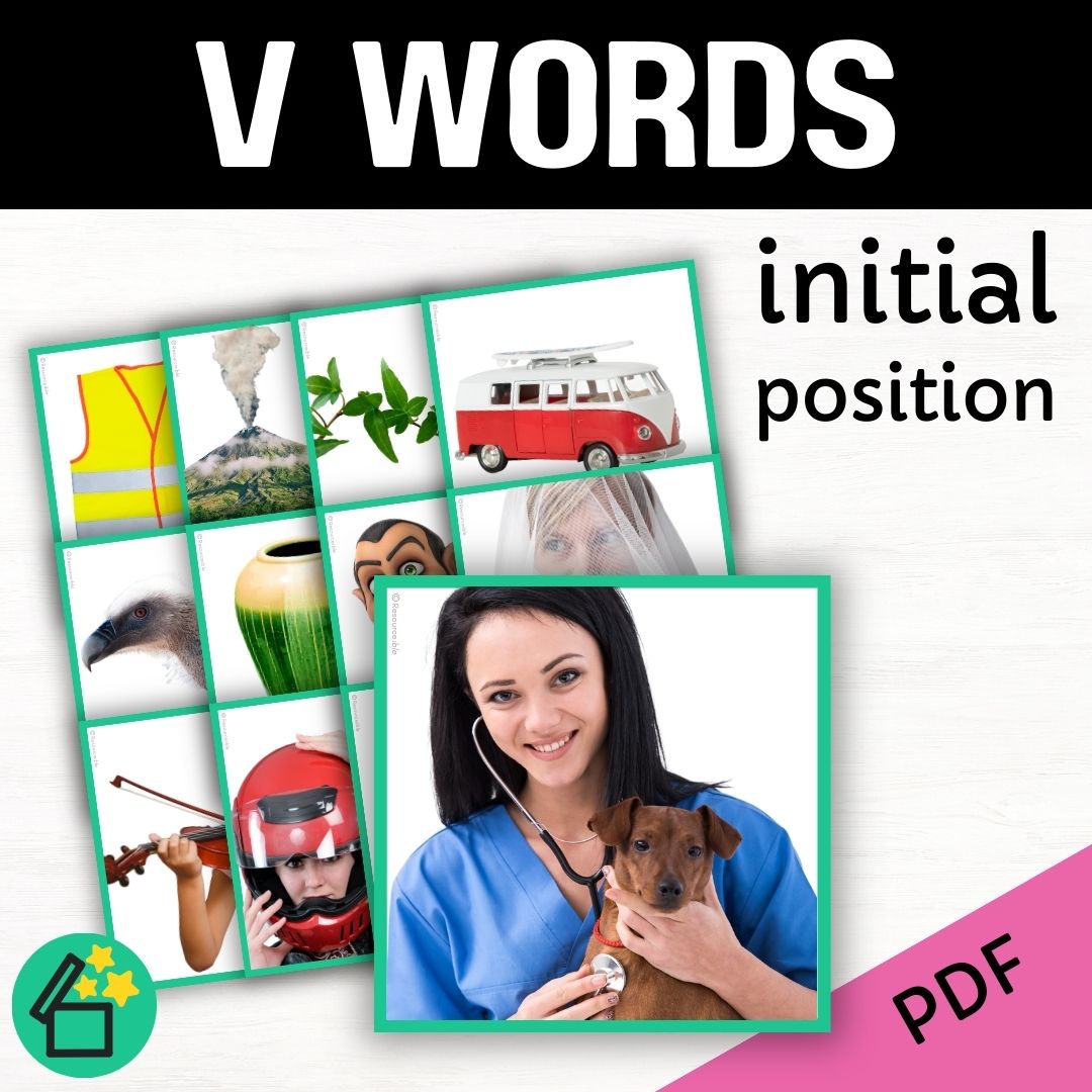 Eliciting sounds in speech therapy. Flash cards with V at the beginning. Initial V speech sound. V phonic for teachers. Ultimate speech sounds book. DARA by Resourceible, Kate Beckett.