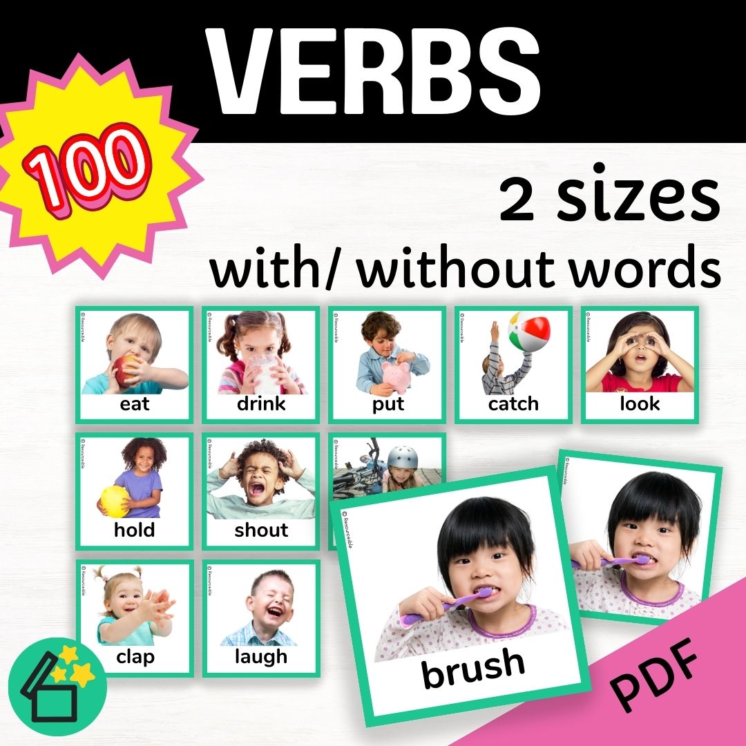 PDF verb flashcards for speech therapy and teachers.