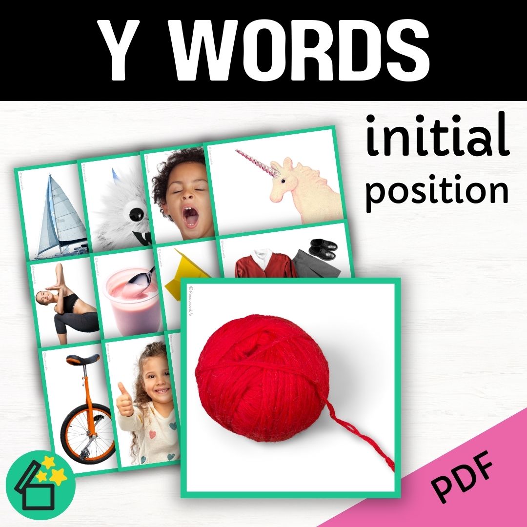 Eliciting sounds in speech therapy. Flash cards with Y at the beginning. Initial Y speech sound. Y phonic for teachers. Ultimate speech sounds book. DARA by Resourceible, Kate Beckett.