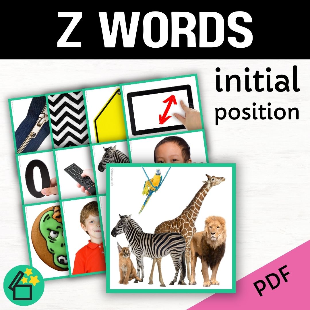 Eliciting sounds in speech therapy. Flash cards with Z at the beginning. Initial Z speech sound. Z phonic for teachers. Ultimate speech sounds book. DARA by Resourceible, Kate Beckett.