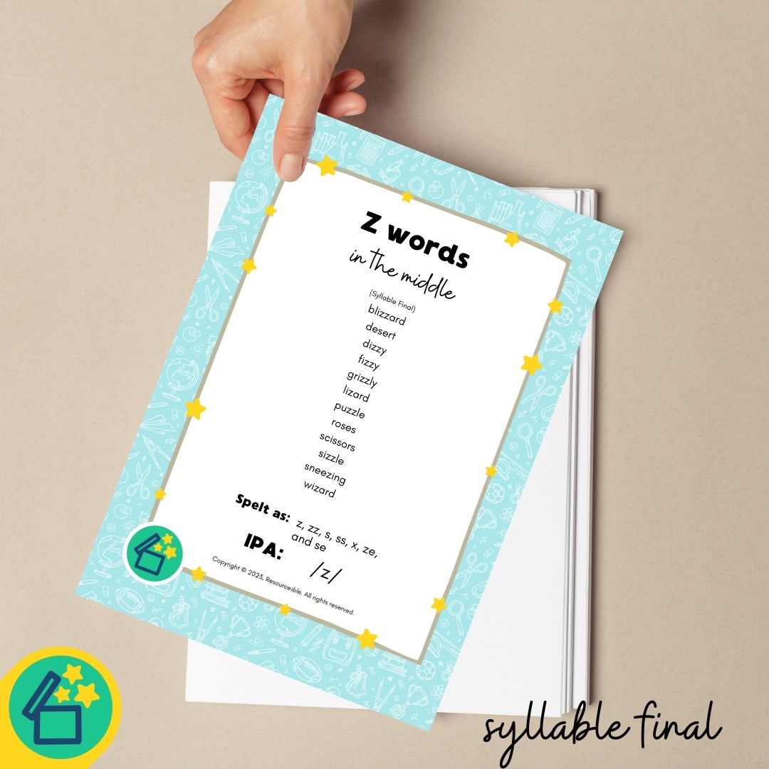 Z Words | Words with Z in the middle | Speech Therapy Resources | pdf