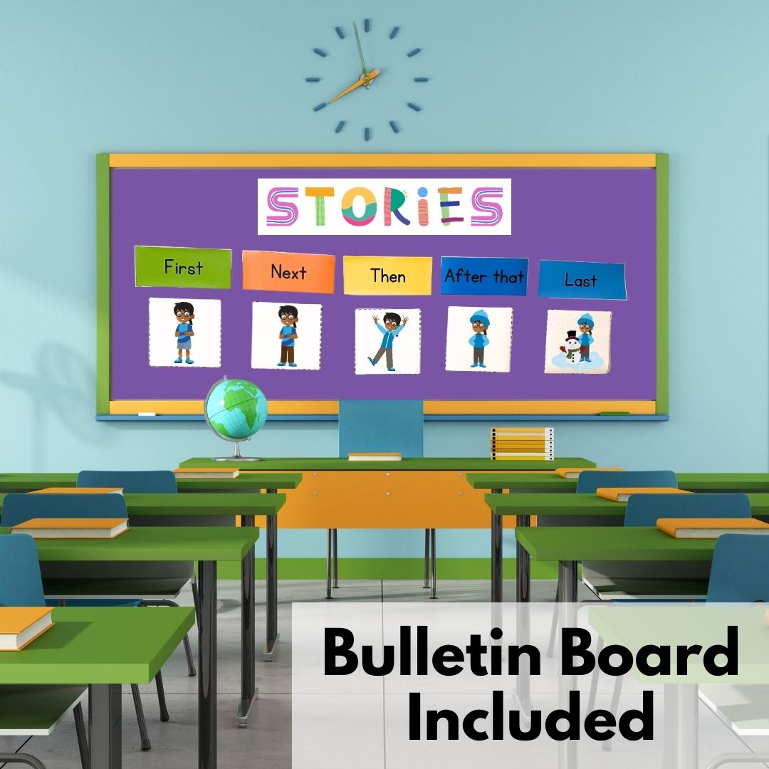 Classroom bulletin board materials pack for 5 step story sequencing by Resourceible.